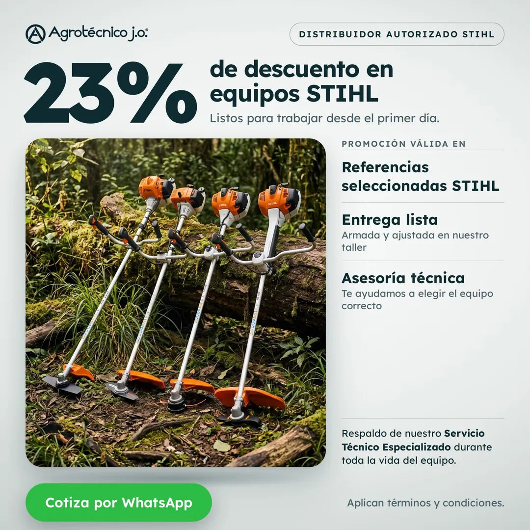 23 % de descuento en equipos STIHL seleccionados en Agrotécnico. Entrega lista y asesoría técnica. Cotiza por WhatsApp.